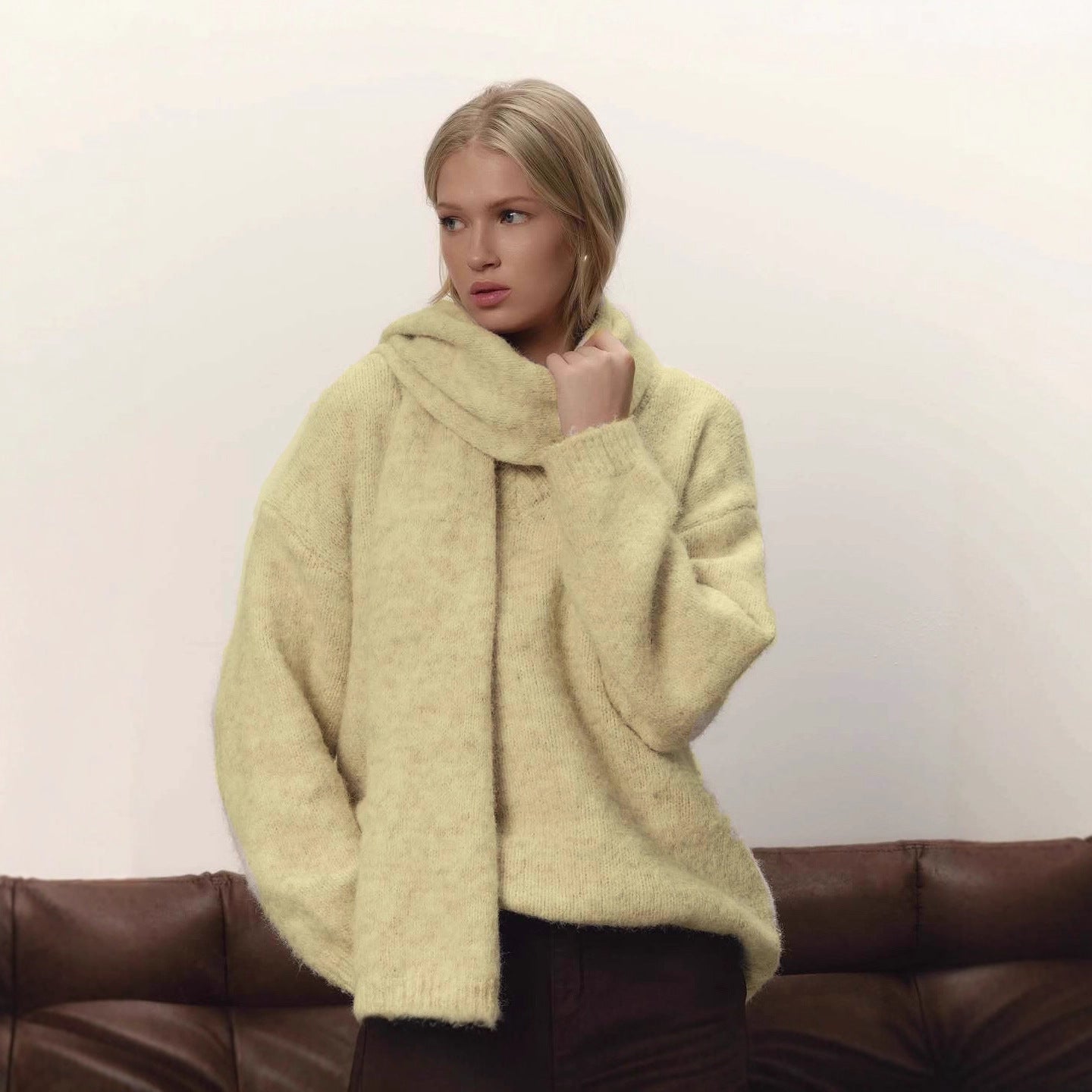 Lockere, faule, weiche Wollpullover Damen Herbst Winter Pullover Lockere Pullover Schal-Set