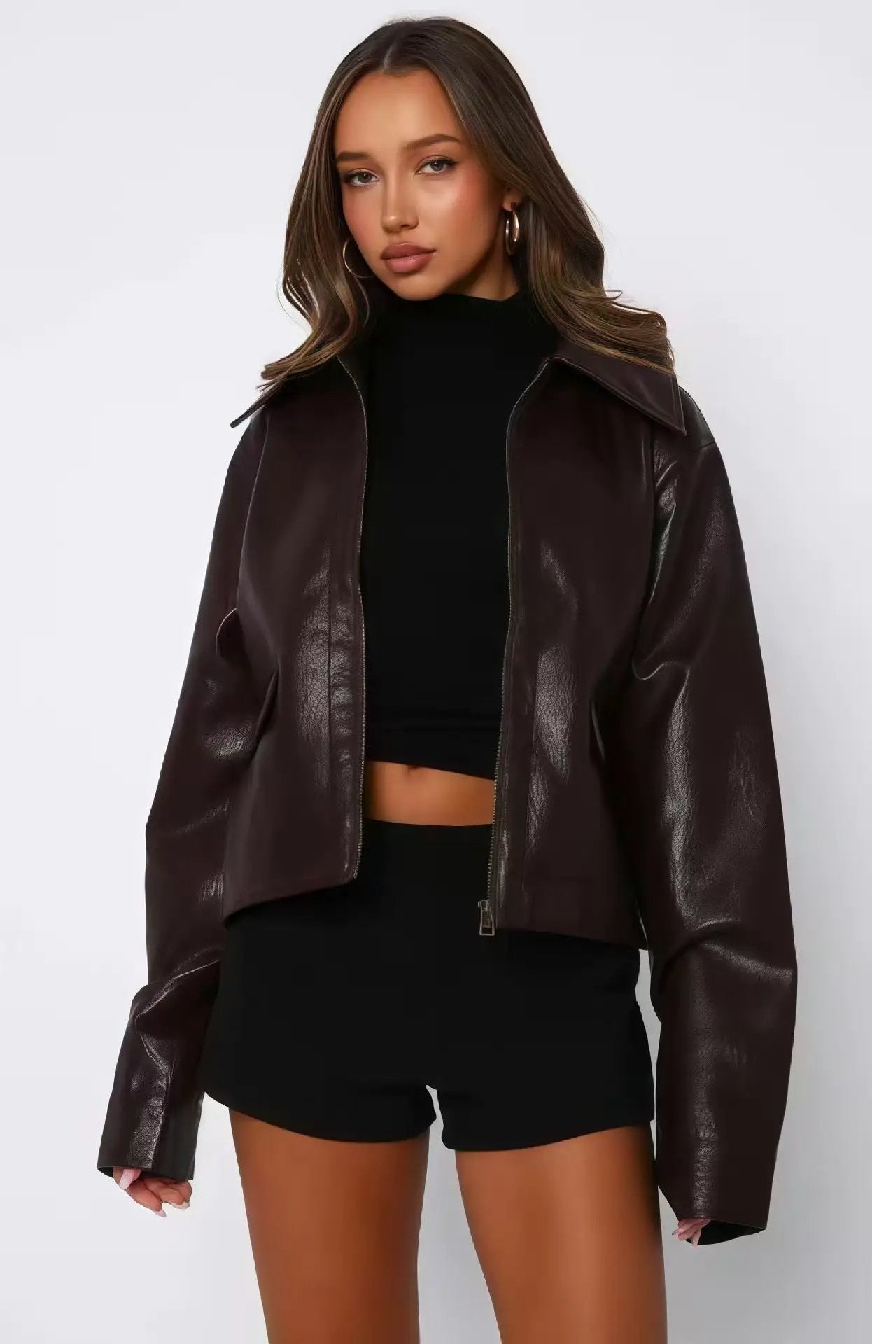 Women All Match Faux Leather Short Motorcycle Jacket Ladies Loose Casual Zip Coat