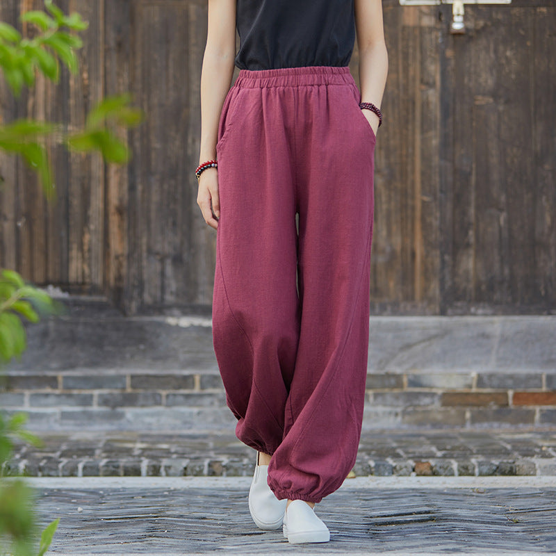 Frühjahr Sommer Baumwolle Leinen Damen Kleidung Retro Stonewashed Ramie Bambus Schnitt Freizeit Hose Damen Baumwolle Leinen Knickerbocker Yoga Hose