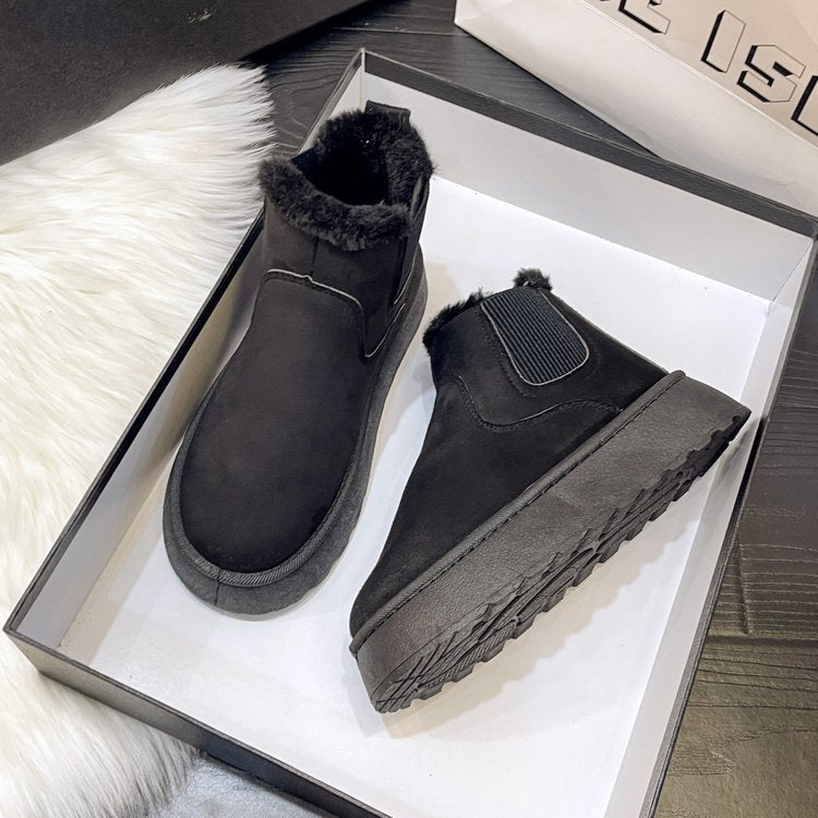 Herbst Winter Damen Plateau Schneestiefel Baumwollschuhe Gebürstetes Futter Runde Zehe Zum Reinschlüpfen Baumwollstiefel
