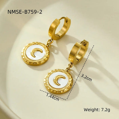 18K Stainless Steel Shell Moon Necklace Niche Retro Easy Matching Embellished Titanium Steel Necklace Earrings by Wanita Store