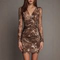 Sexy Leopard Print V neck Mesh Stitching Long Sleeves Fitted Waist Pleated Slim Fit Sheath Dress