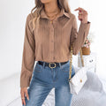 Women Clothing Spring Summer Elegant Pleated Solid Color Buttons Long Sleeve Office Shirt