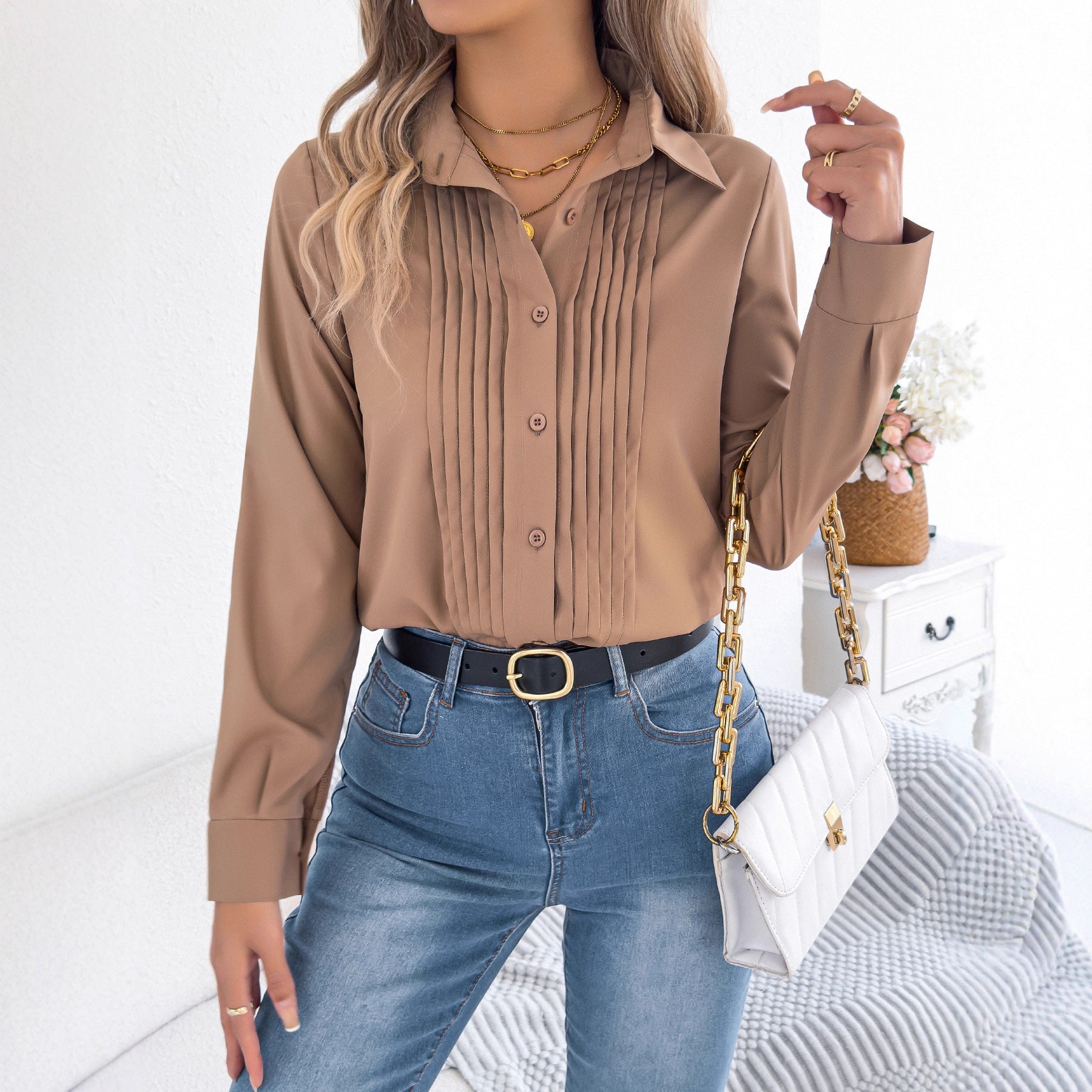 Women Clothing Spring Summer Elegant Pleated Solid Color Buttons Long Sleeve Office Shirt