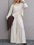 Women Clothing Casual Turtleneck Long Sleeve Loose Fitting Wide Leg Trousers Casual Two Piece Sets Autumn Winter