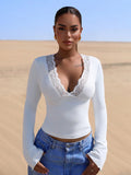 V neck Stitching Lace Sexy Long Sleeve Slim Fit Top