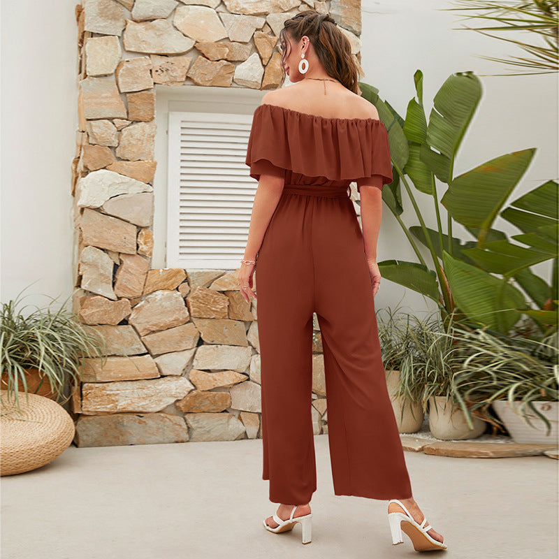 Damenbekleidung Sommer Casual schulterfrei Rüschenärmel Schnürung Crop-Top weite Beinhose