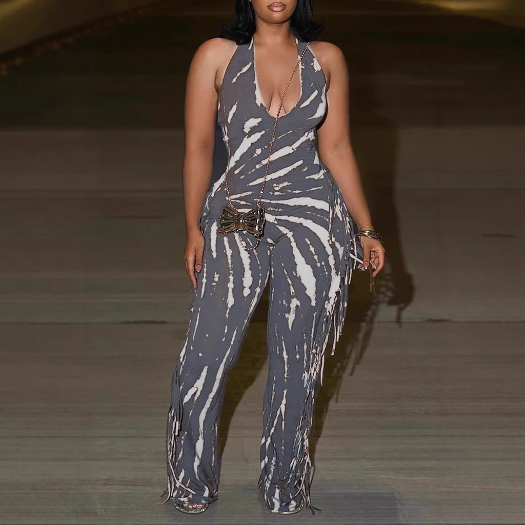Eleganter, sexy, schmal geschnittener Stretch-Overall mit rückenfreiem Quasten-Print und Neckholder-Trägern