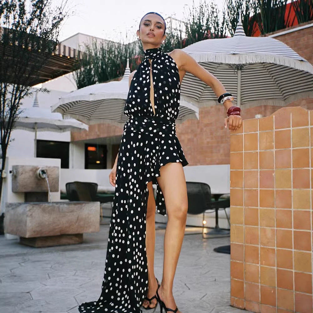 Summer Women Wear Sleeveless Halter Chest Hollow Out Cutout out All Match Polka Dot Irregular Asymmetric Mop Dress Waist Tight Dress