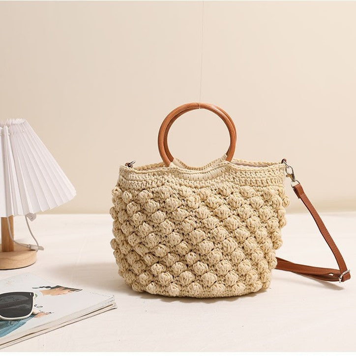 Beanie Umhängetasche aus Stroh mit Holzring Tragbare Strohtasche Gewebte Tasche Urlaub Strandtasche Damen Tasche