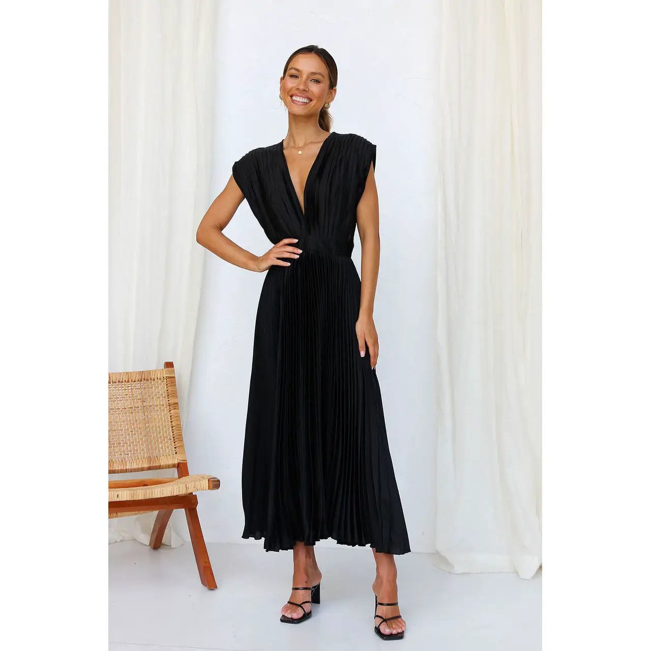 Spring Summer Sexy Pleated Dress Casual Loose Zip Sleeveless Dress by Wanita Store