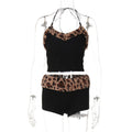 Women Clothing Summer Leopard Splicing Lace up Vest Slim Shorts Casual Set