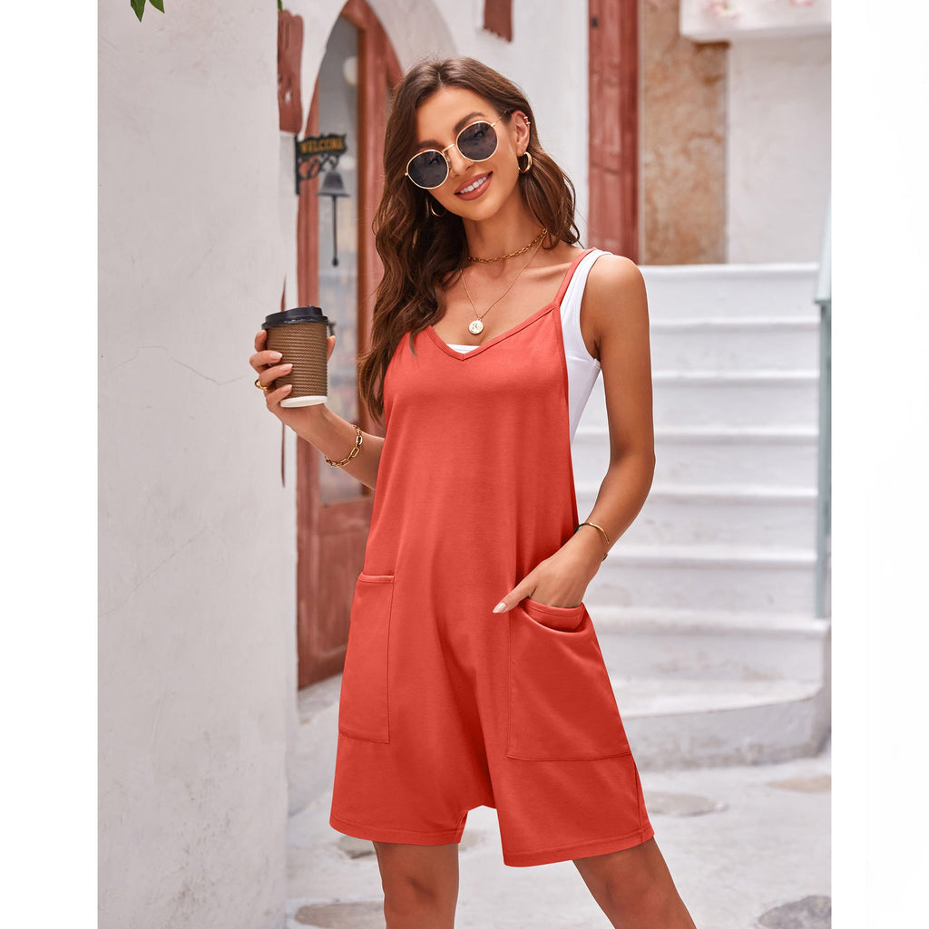 Women Clothing Summer Casual Pocket Spaghetti Straps Knitted Shorts Jumpsuit Suspender Pants Women