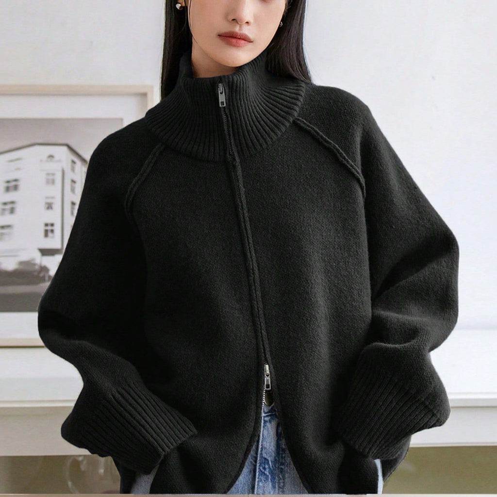 Fauler Pullovermantel Damen Herbst Winter Koreanisch Uni Stehkragen Reißverschluss Strickjacke Oberteil