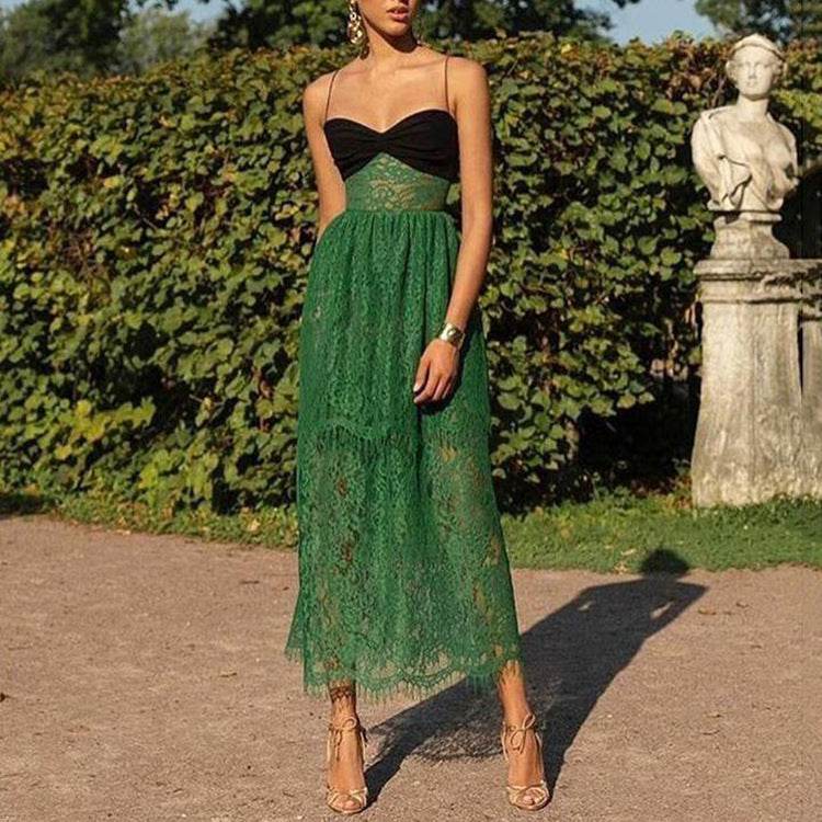Damenbekleidung Sexy Hosenträger Spitze Grün Hohl Cut-Out Urlaub Bodenlanges Maxikleid