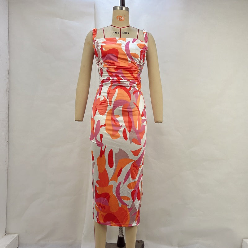 Women Clothing Summer Printing Backless Lace up Slim Strap Dress