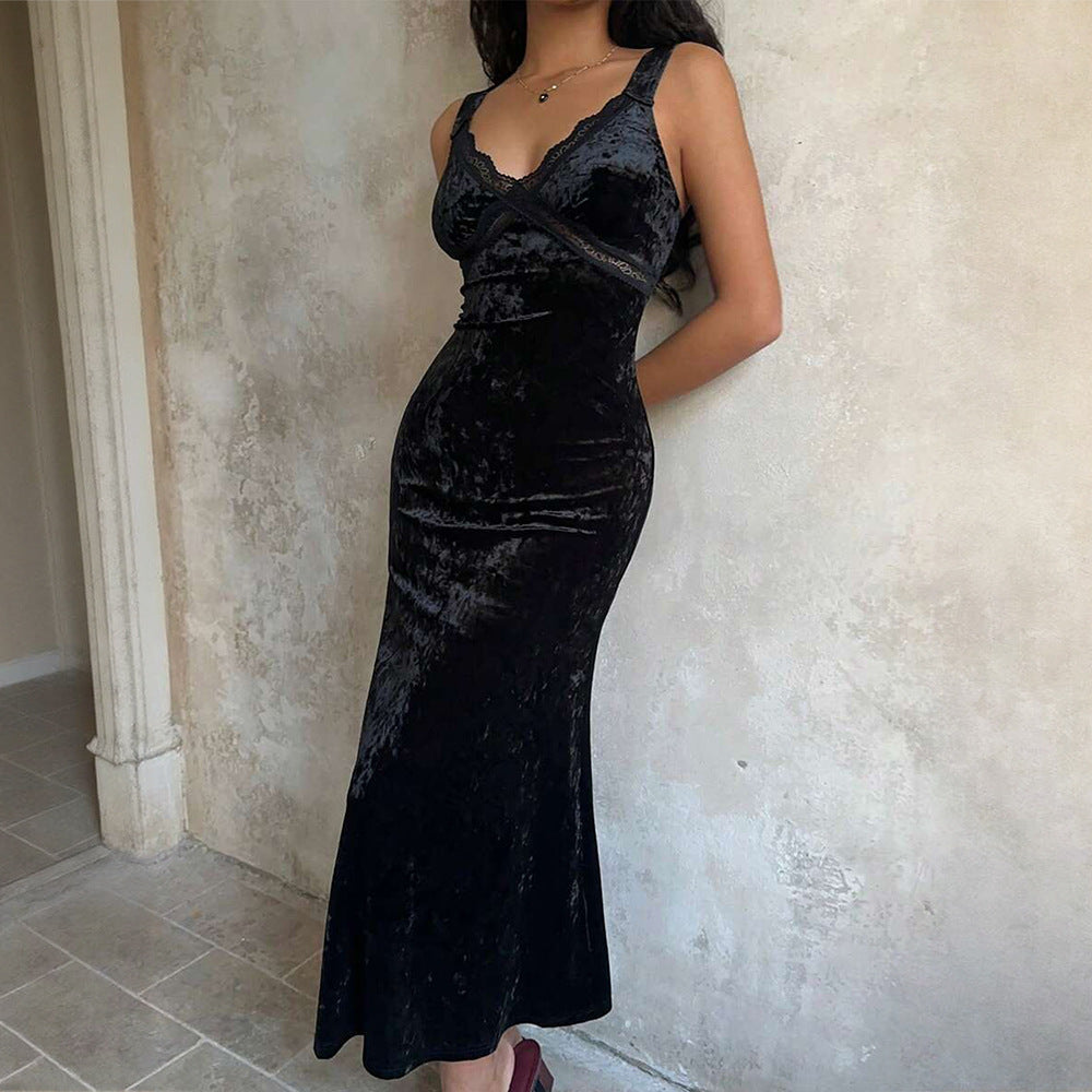 French Romantic Velvet Lace V neck Patchwork Sleeveless Dress Slim Fit Sheath Fishtail Dress Inner Wear