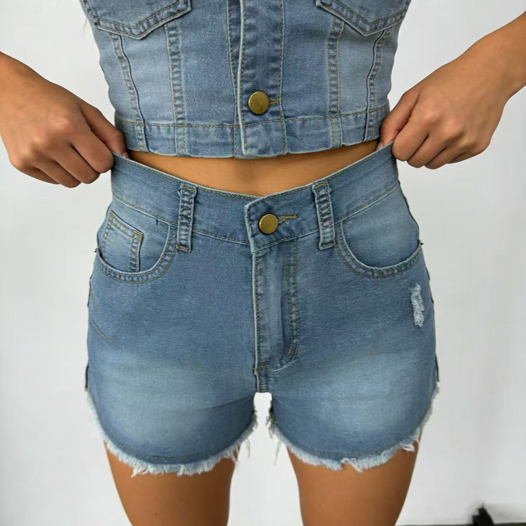 Stretch Slim Fit Ripped Tassel Women Jeans Denim Shorts