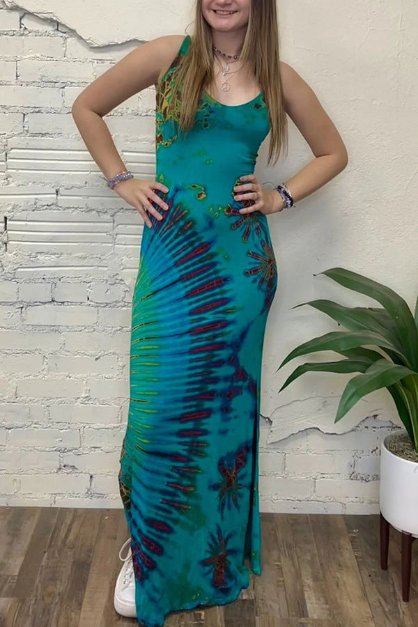Sexy Slim Printed Backless Self Tie Slit Dress Women