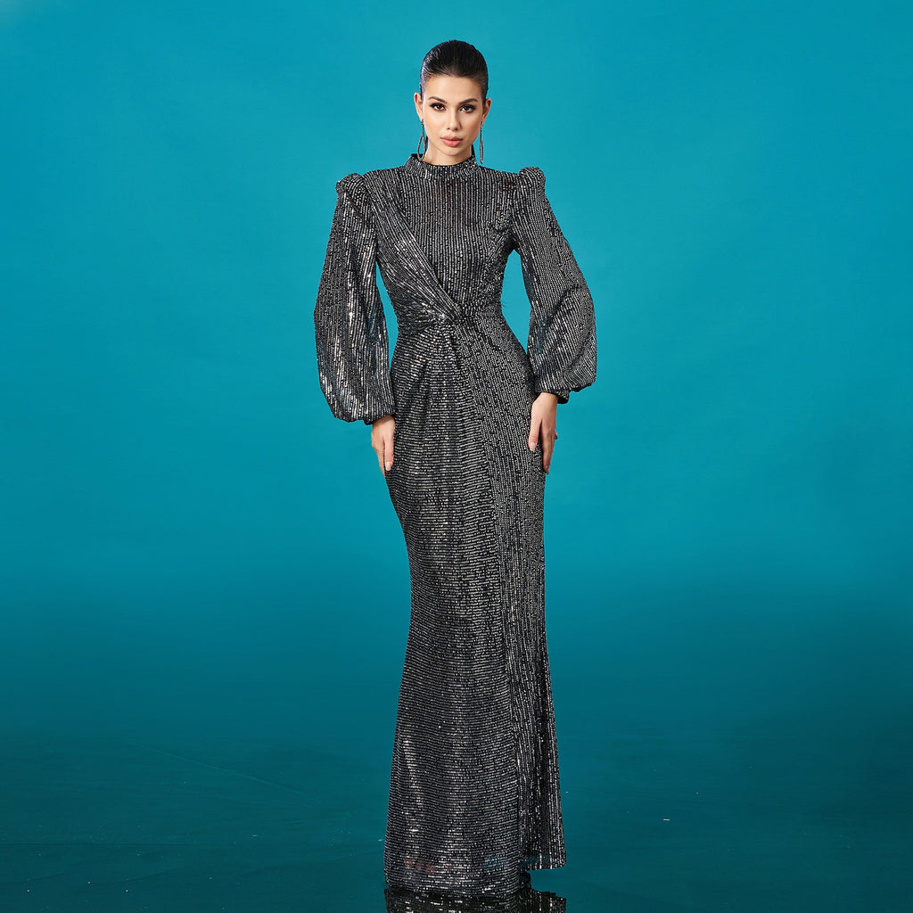 Fortgeschrittenes langärmeliges Rundhals-Cocktailkleid mit Fishtail-Pailletten für den Abend