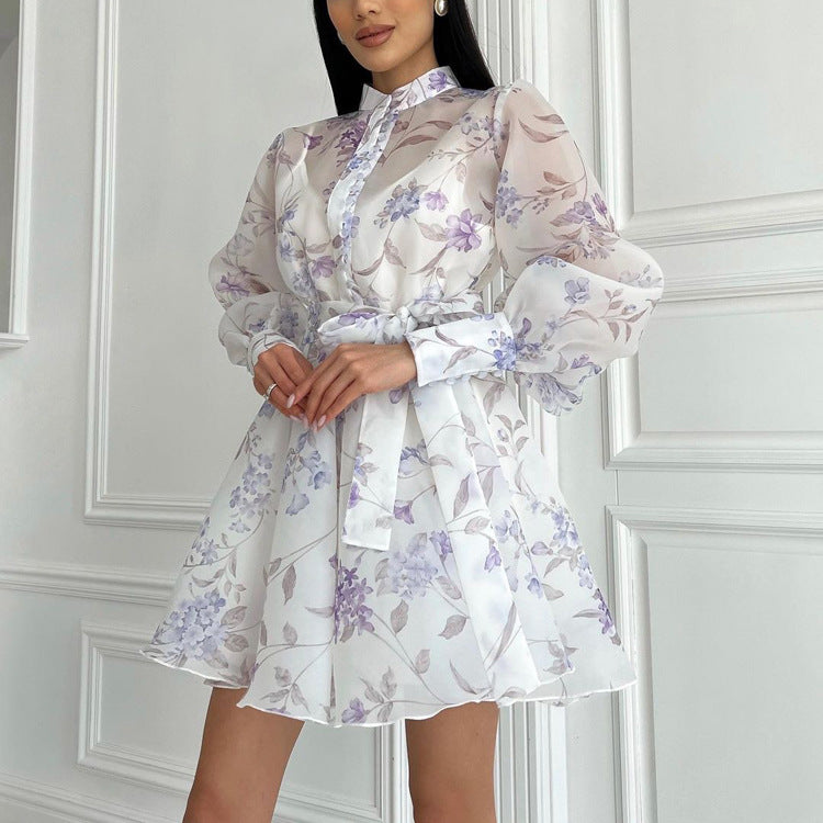 Women Elegant Stand Collar Long Sleeve Lace Printing A line Cami Dress