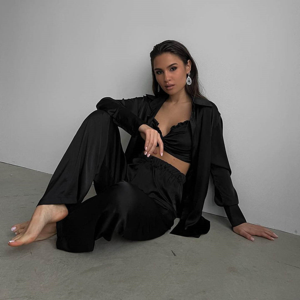 Frühling Herbst Freizeit Satin Dreiteiliges Set Damen Kleidung Satin Wickel-Brust Weste Hemd Freizeit-Hosen Set