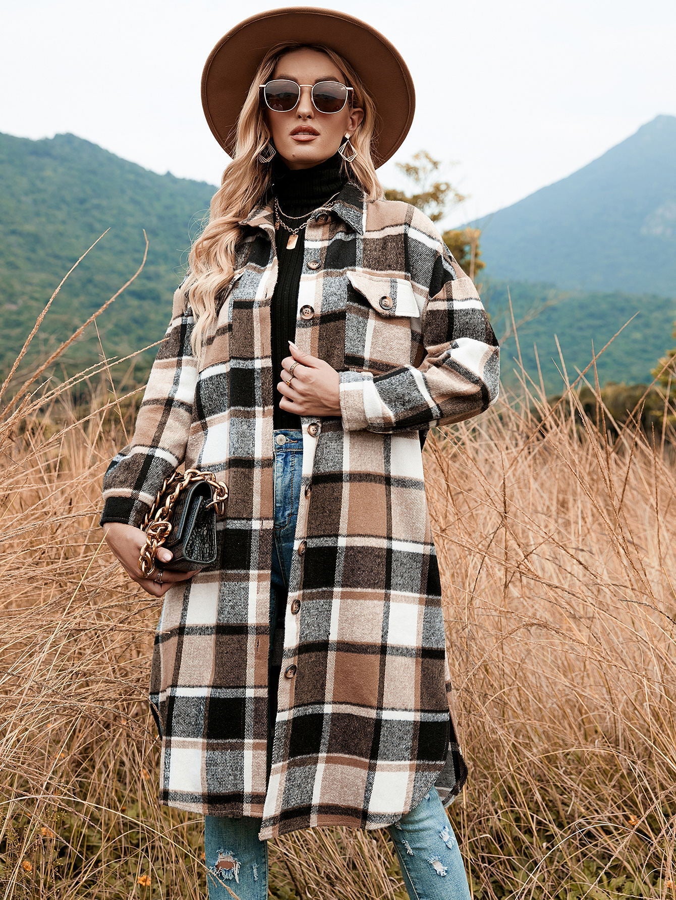 Herbst Winter Damen Karierter Trenchcoat