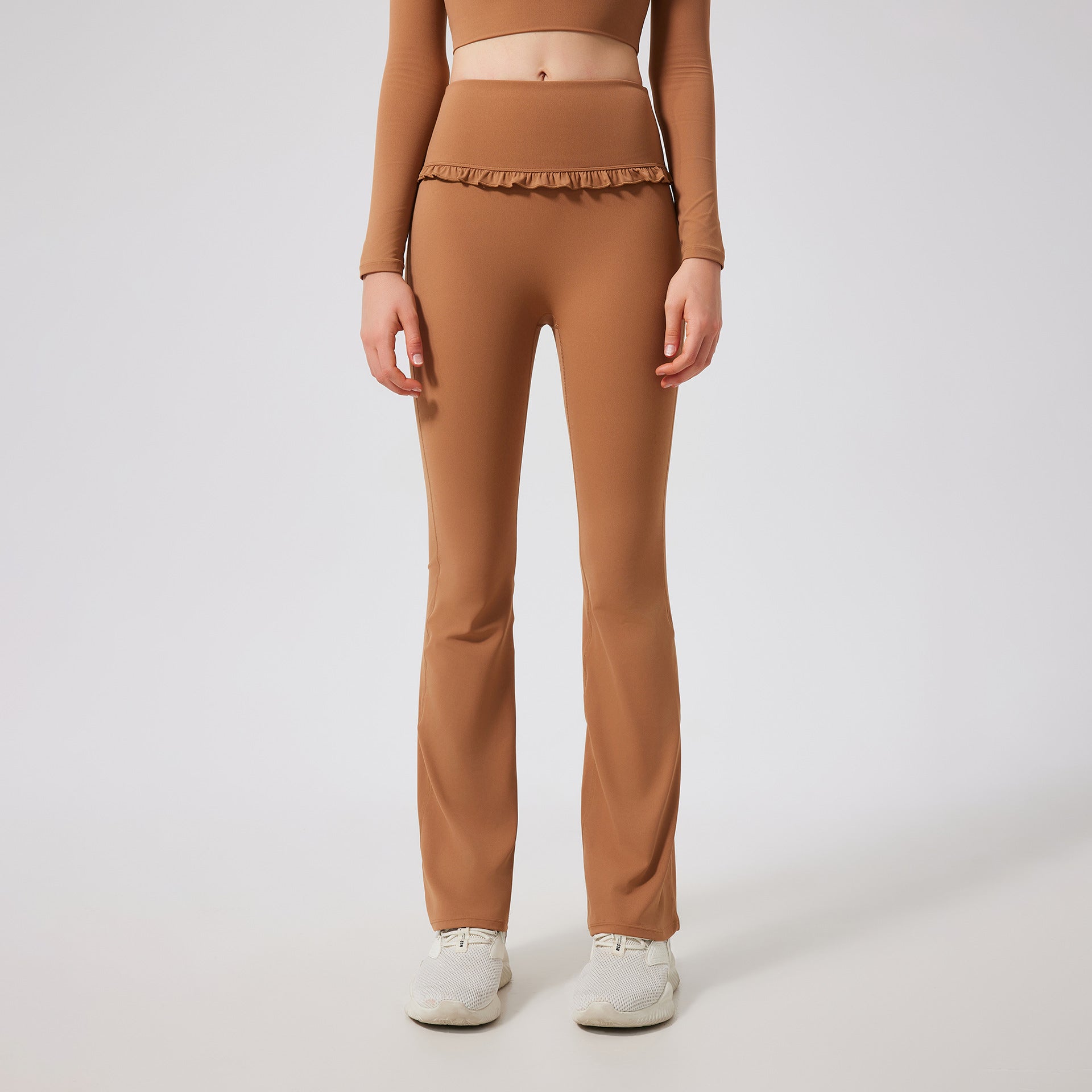 Gerüschte Skinny Yoga Leggings für Damen – High Waist, Schlankmachend, Sportlich, mit ausgestelltem Bein, schmal geschnitten, atmungsaktiv, lässig, Fitnesshose