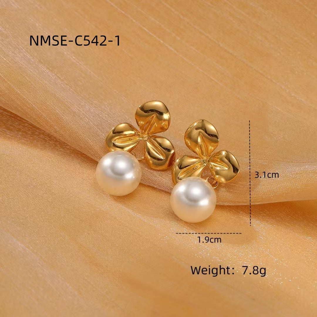 Light Luxury Titanium Steel Pearl Floral High Grade Earrings Simple Elegant Exaggerated Design Stainless Steel Studs