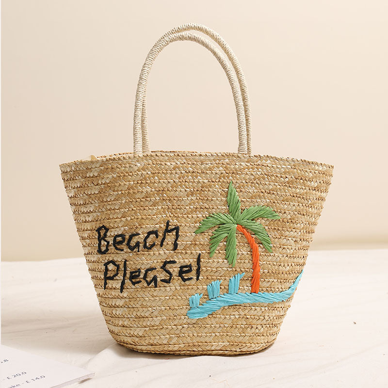 Kokosnuss-Stickerei Schulterstrohtasche Buchstaben Handtasche Gewebte Tasche Urlaub Strandtasche Große Kapazität Rattantasche