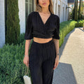 Summer Casual Straight Pants Suit Solid Color Pleated Short Sleeve V neck Lace up Top Trousers Two Piece Set