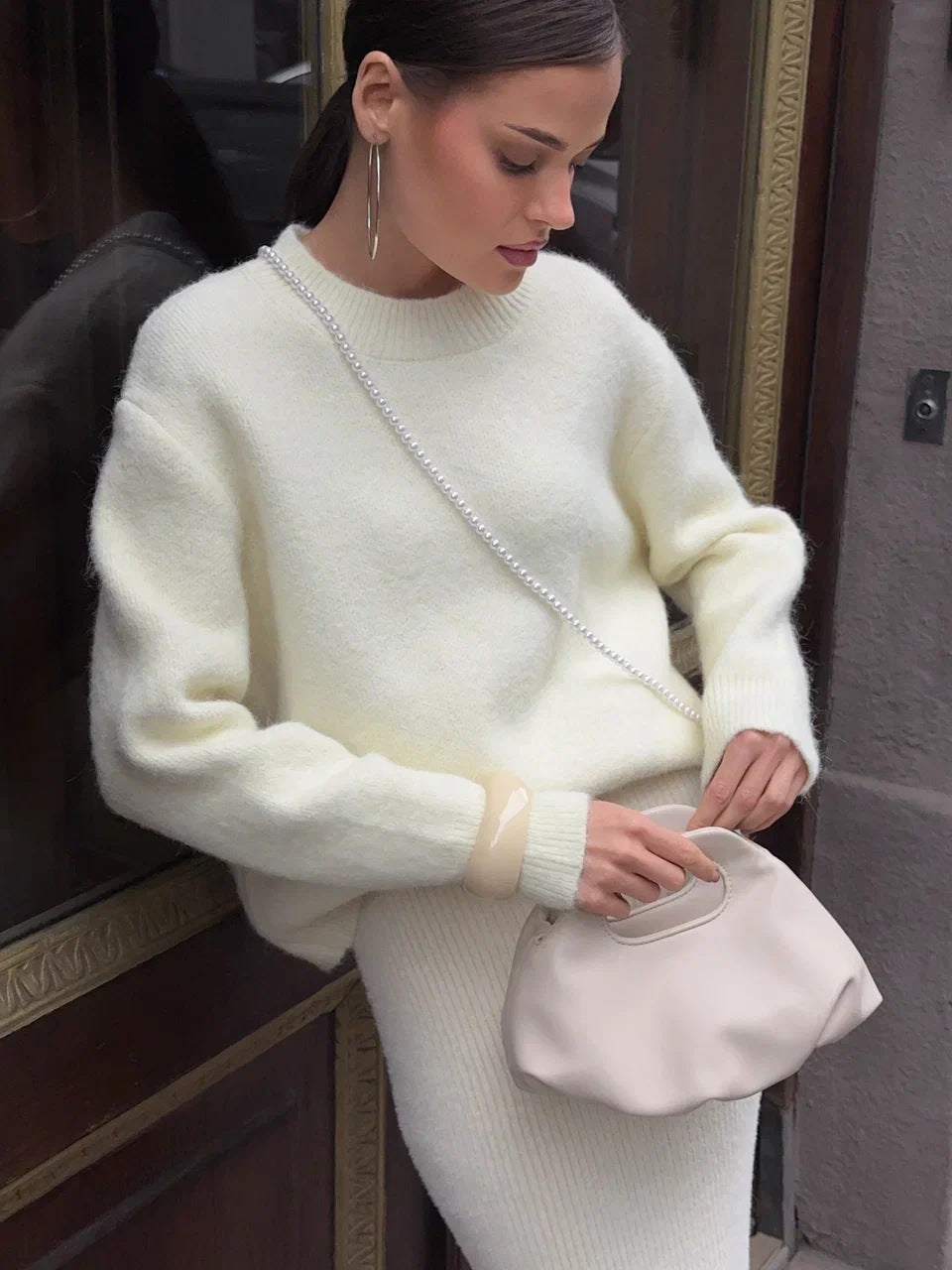 Damen Herbst Winter Lockerer Pullover aus Wolle Alpaka mit Rundhalsausschnitt