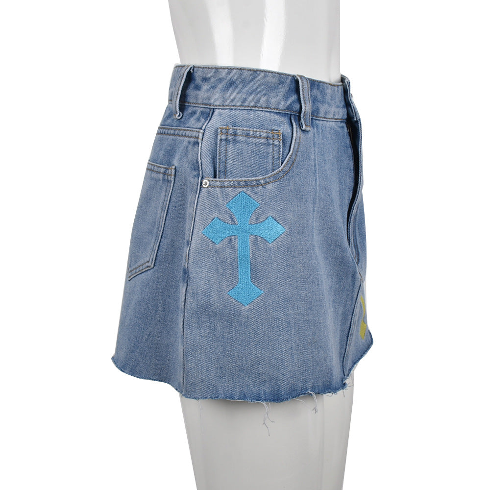 Damenbekleidung Frühling Sommer Jeans Quasten Überkreuzstich Blumenrock