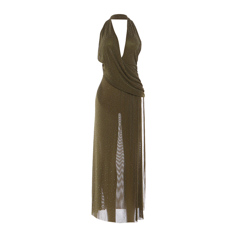 Spring Women Deep V Plunge neck Split Halter Sexy Backless Elegant Dress Women