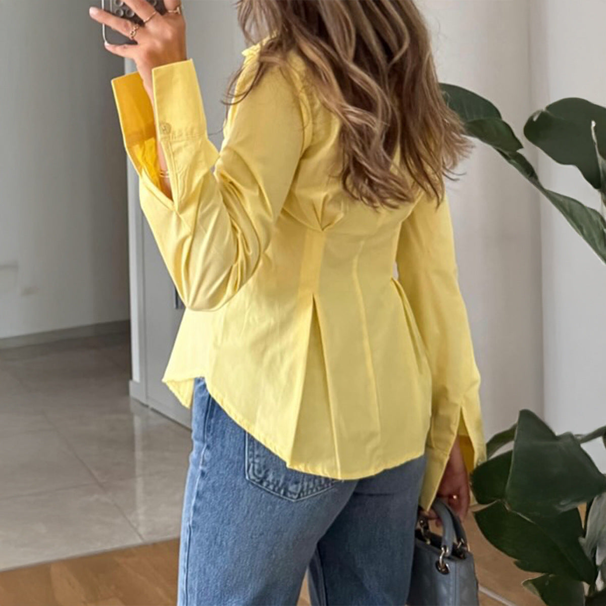 Women Clothing Autumn Elegant Solid Color Buttons Long Sleeve Shirt Top