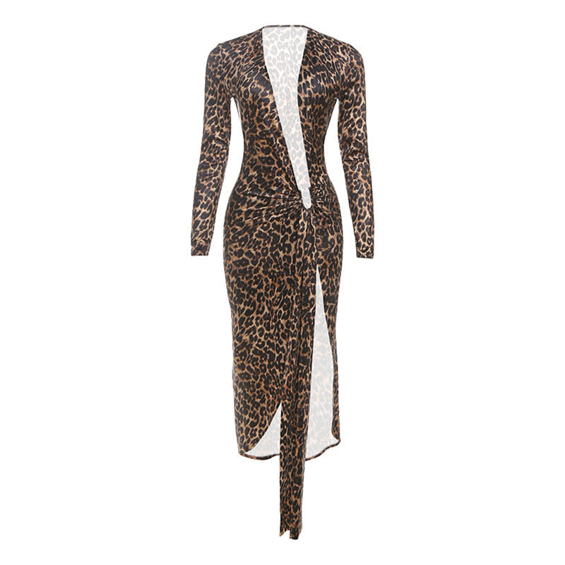 Sommer Damen Sexy Leopardenmuster Tiefer V-Ausschnitt Schlitz Faltenrock Tailliert Langarmkleid