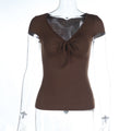 U Neck Lace up Short-Sleeved T shirt Women Xiacnee Super Nice Sweet Waist Trimming Top