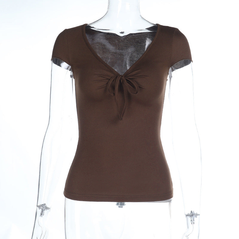 U Neck Lace up Short-Sleeved T shirt Women Xiacnee Super Nice Sweet Waist Trimming Top