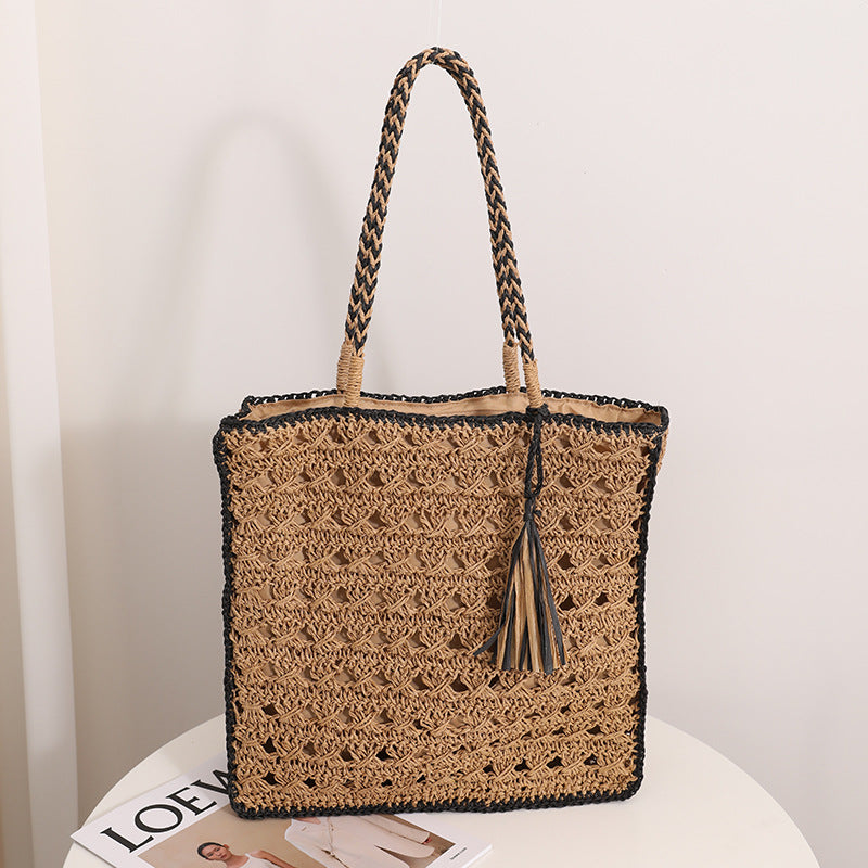 Quadratische Quaste Schulter Strohtasche Frisch Ausgeschnittene Handgemachte Strohtasche Gewebte Tasche Damen Urlaub Meer Strandtasche