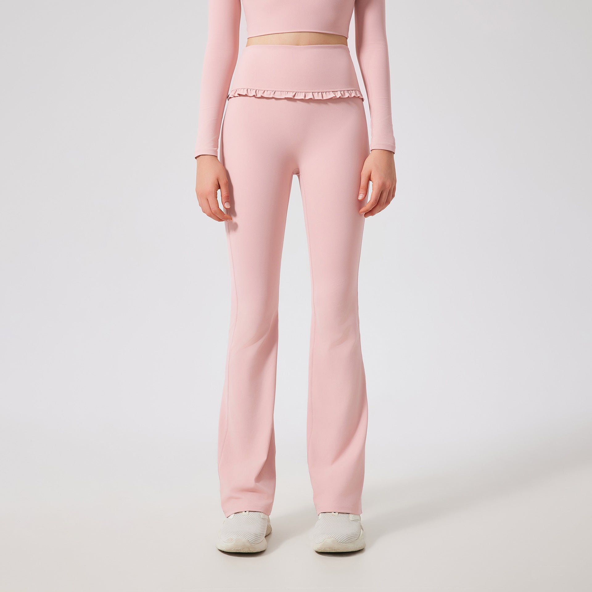 Gerüschte Skinny Yoga Leggings für Damen – High Waist, Schlankmachend, Sportlich, mit ausgestelltem Bein, schmal geschnitten, atmungsaktiv, lässig, Fitnesshose