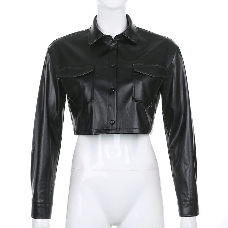 Herbst Winter Langarm Kurz geschnittenes Damen Leder Top Kurze Jacke Damen