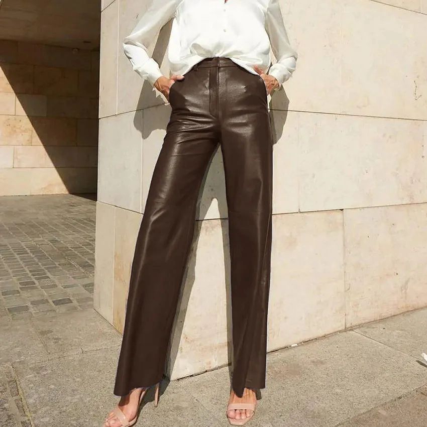 Damenbekleidung Frühling Kunstleder Mid-High-Waist Hüftstraffende Straight Casual Damenhosen Damenhosen