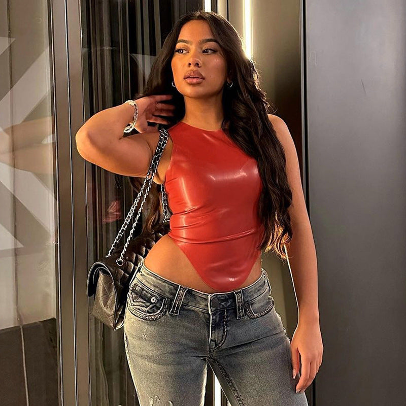 Damenbekleidung Leder Einfach Sexy Rundhals Ärmellos Unregelmäßiger Asymmetrischer Saum Top Kleiner Weste für Damen