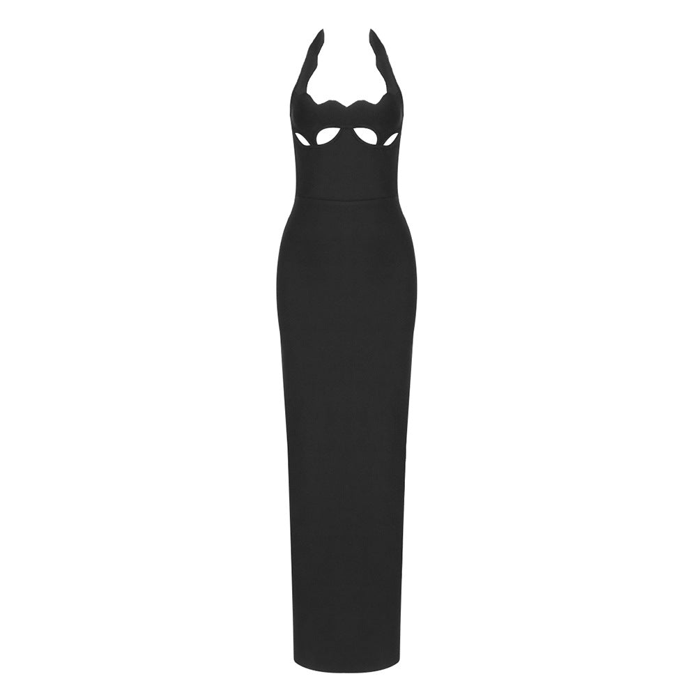 Retro French Black Dress Halter Cut out Advanced Sexy Inner Wear Spring Bandage One Piece Dress