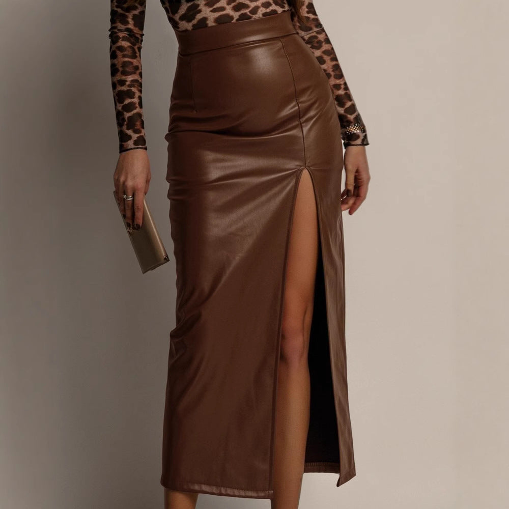Leather Split Skirt Women Clothing High Waist Figure Flattering Sheath Leather Skirt Solid Color Skirt