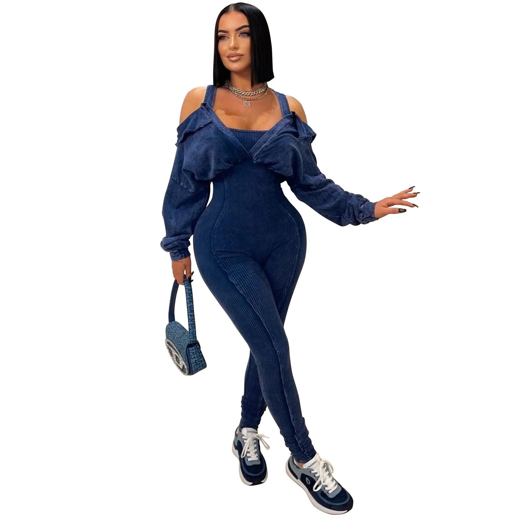 Women Wear Washed Old Sexy Cold Shoulder Bodycon Jumpsuit