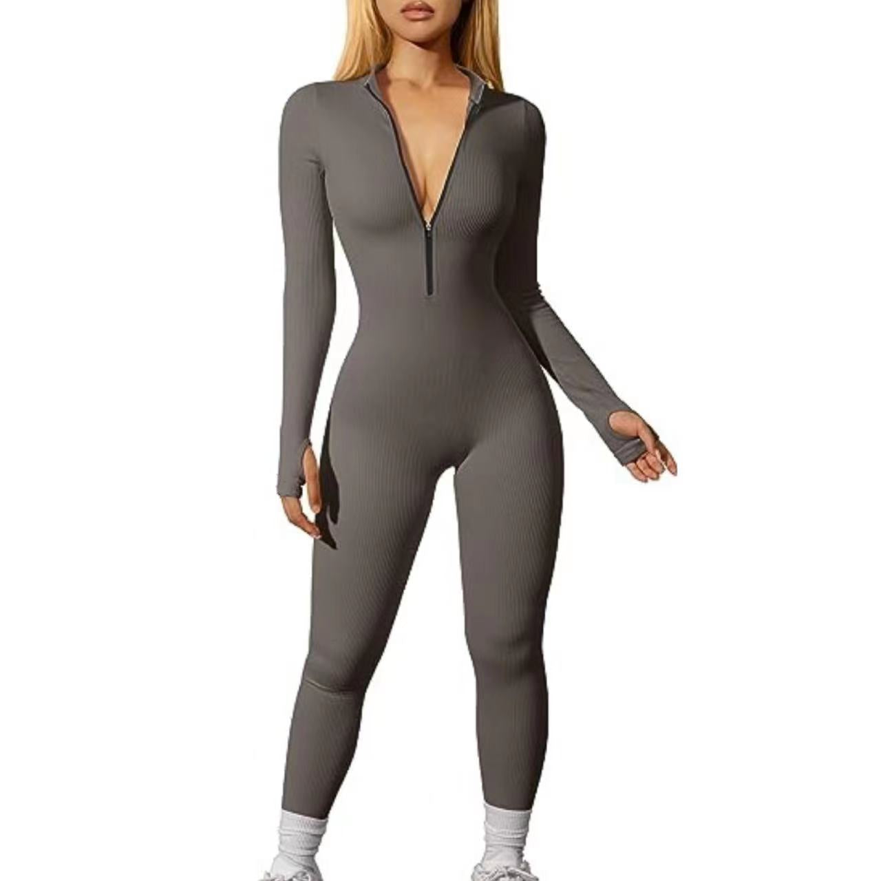Damen Sport Jumpsuit Training Gerippt Langarm Reißverschluss Casual Jumpsuit Hose Eng