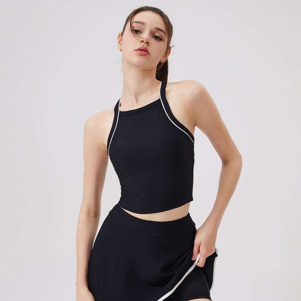 Nude Feel Yoga-Top Kontrastfarbenes Schönheits-Rückenteil Schnelltrocknender Neckholder Unterwäsche Sport Laufen Fitness Sport-BH Damen