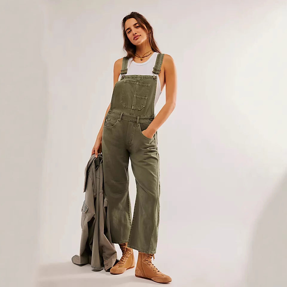 Street Washed Out Vintage Loose Straight Cargo Jeans Latzhose