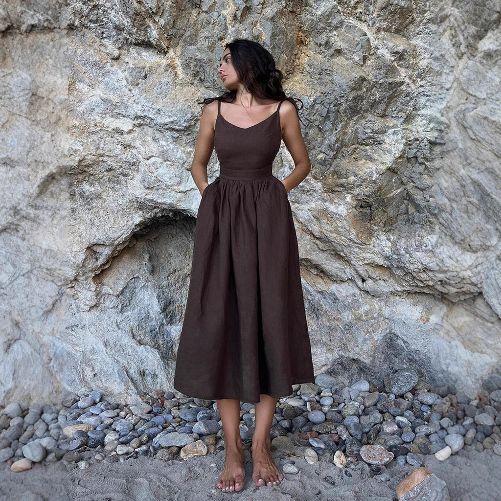 Pure Cotton V neck with Shoulder Straps Women Spring Elegant Sexy Lace up Backless Dress
